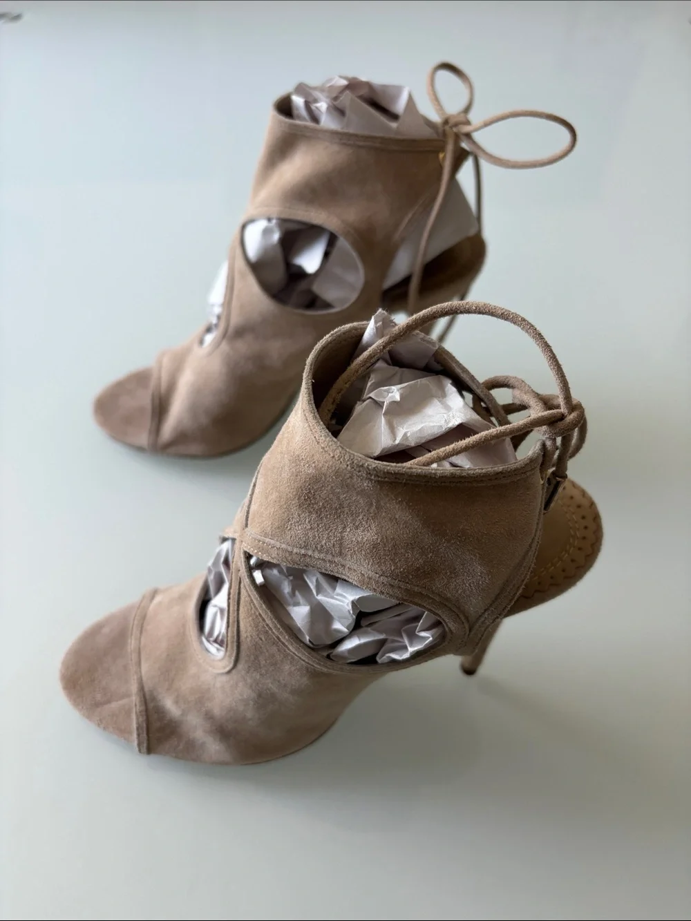 Aquazzura  Nude Sexy Thing Suede Peep Toe Bootie in soft nude suede. Sz 6